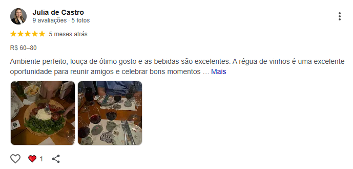 Avaliação Google Meu Negócio de cliente Garrafas do Beco